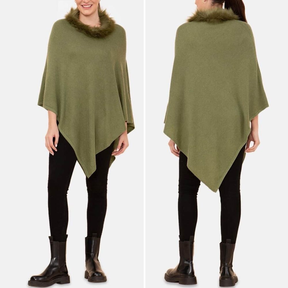 NWT La Marey 100% Cashmere Poncho Sweater Faux Fur Trim One Size Olive Green NEW
